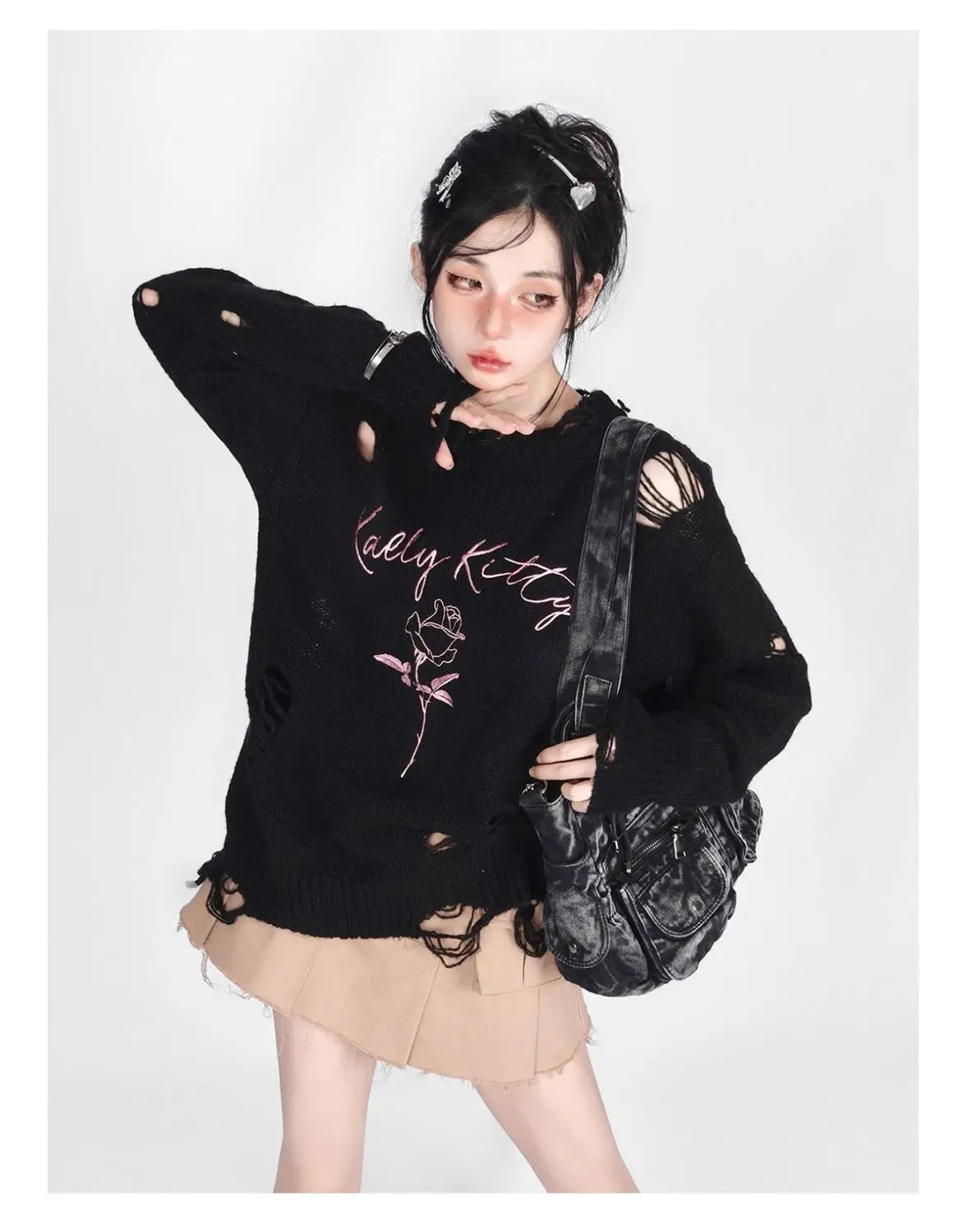 

Dark Punk Fashion Broken Hole Loose Sweater Harajuku Letter Embroidery O-neck Pullovers Grunge Y2k Aesthetic Streetwear Jumper