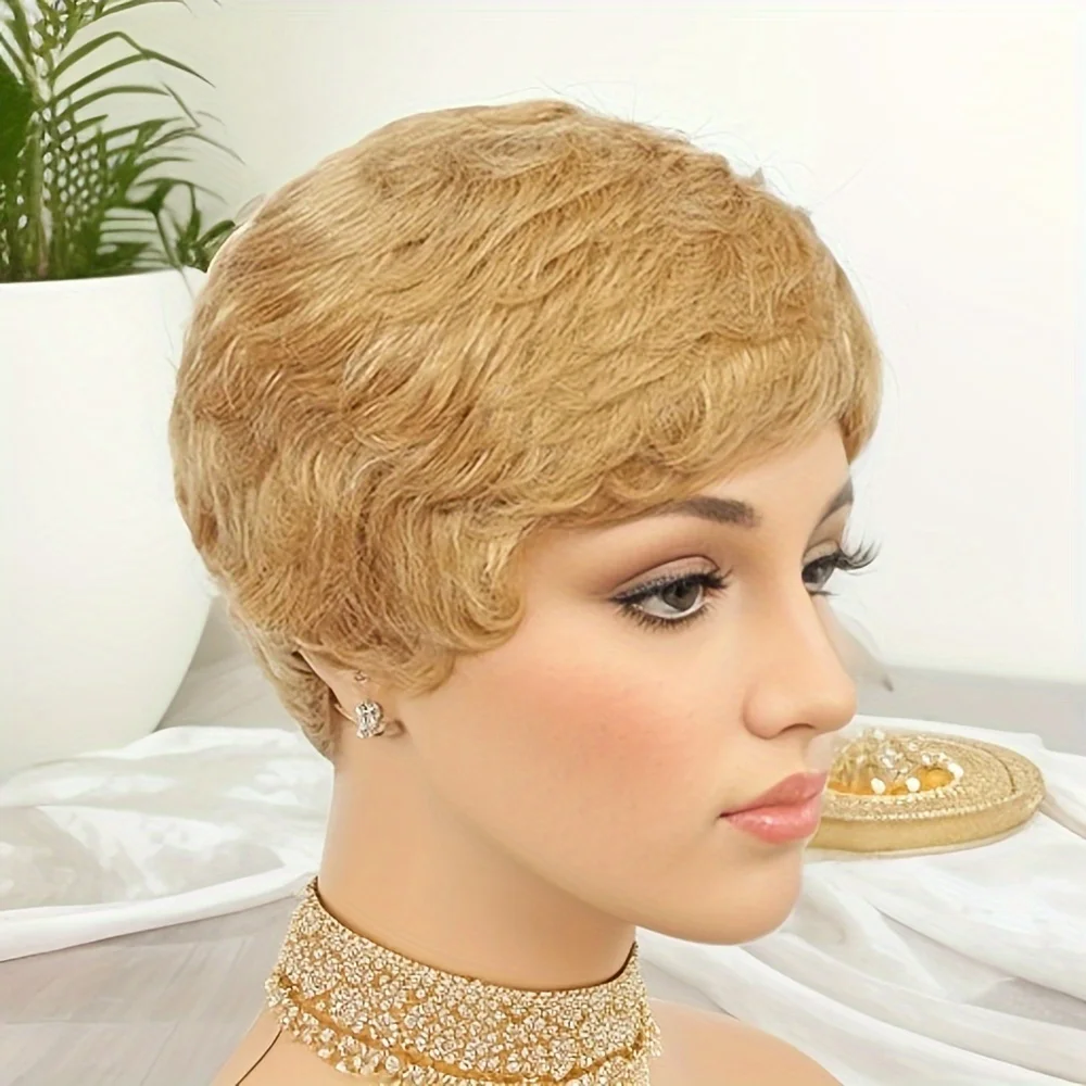 금발 픽시 가발 인모 짧은 픽시컷 전체 머신메이드 가발 (앞머리 포함)