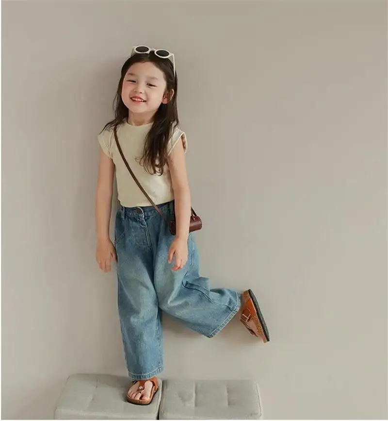 Humor Bear Girl Clothes Kids Clothing Summer Baggy Multi-pocket Elastic-waisted Jeans Wide-leg Pants Girls Pants