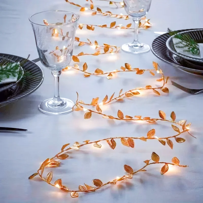 

2-10M Golden Leaf Fairy Lights, Battery Powered LED String Lights for Christmas Wedding Party - Garland Wreath Home Decor