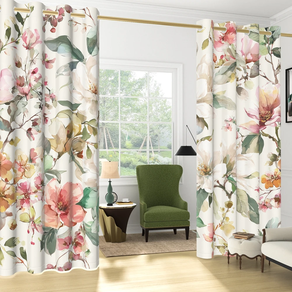 Watercolor Floral Blackout Curtains 2 Panels, Boho Pink Flower Print Thermal Insulated Grommet Drapes for Bedroom Living Room