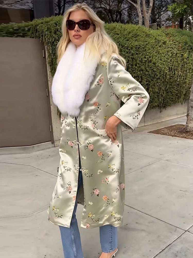 Women Satin Floral Print Long Coat Large White Faux Fur Collar Open Front Mid Length Overcoat 2026 Retro Elegant Party Outerwear