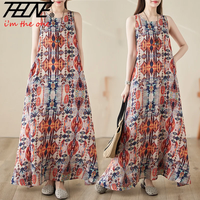 Vestidos De Mujer Oversized Bohemian New Summer Tank Dress for Women Robe Maxi Long Holiday Beach Floral Print Casual Dresses