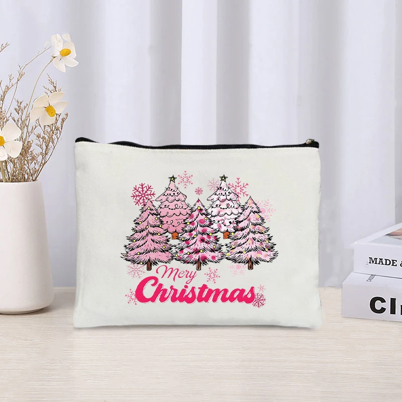 Christmas Themed Canvas Cosmetic Bag Organizer Travel Perfume Lipstick Storage Pouch Zipper Make Up Bags Pencil Case Xmas Gift