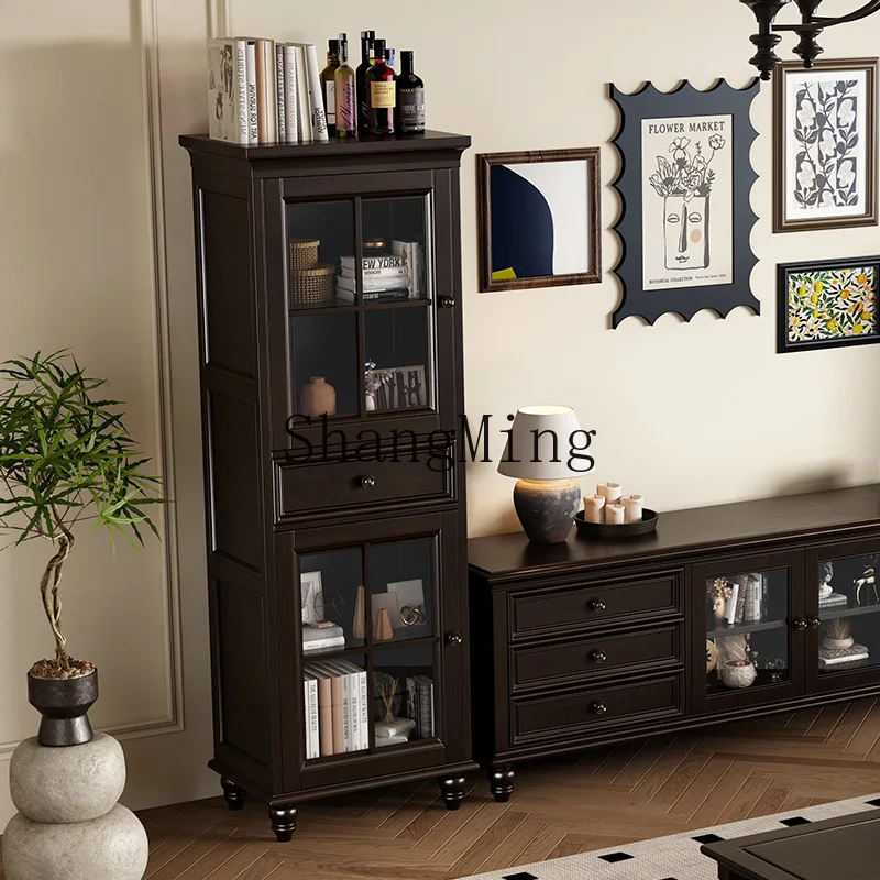 

HJ all solid wood living room storage wine cabinet pure solid wood small apartment bookshelf glass door retro