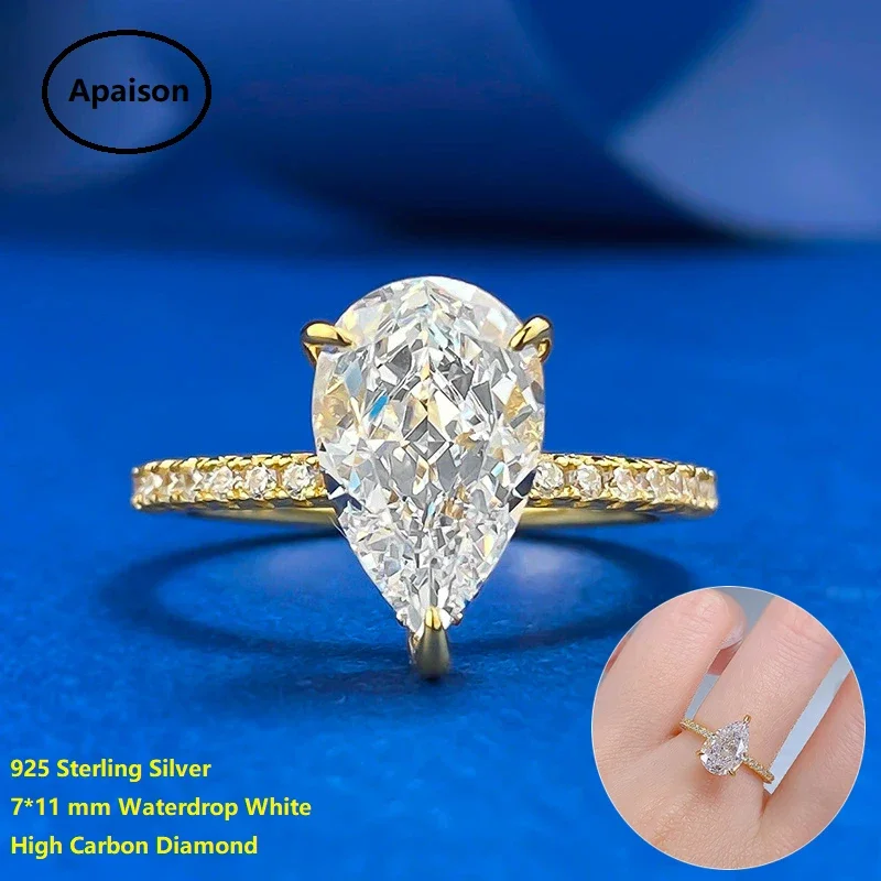 

Кольца Apaison Radiant Pear Cut 7*11 мм с высокоуглеродистыми бриллиантами для женщин, позолоченные, для свадебной вечеринки, ювелирные изделия для жены, подарки