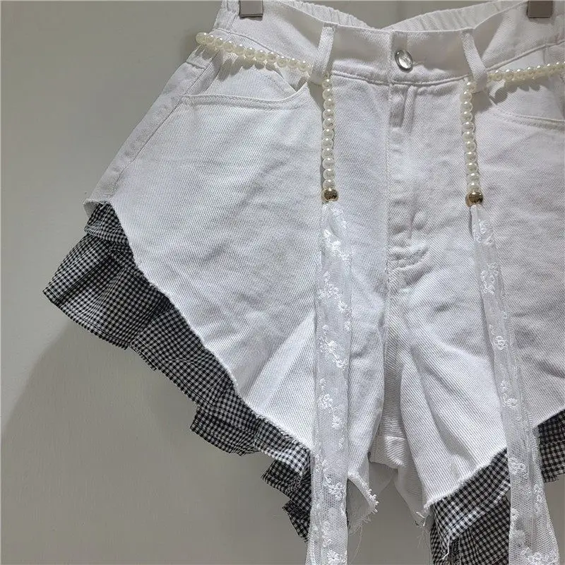 2026 Summer New Candy-colored Denim Plaid Shorts for Women High-waisted Loose Design with A Belt Booty Shorts