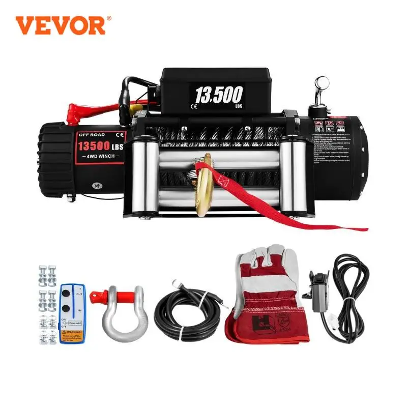 VEVOR 3000-13500LBS 12V เครื่องกว้านไฟฟ้าที่มีรีโมทคอนโทรลสำหรับ4X4สังเคราะห์รถพ่วงเชือกลากสาย ATV รถบรรทุกทางวิบาก