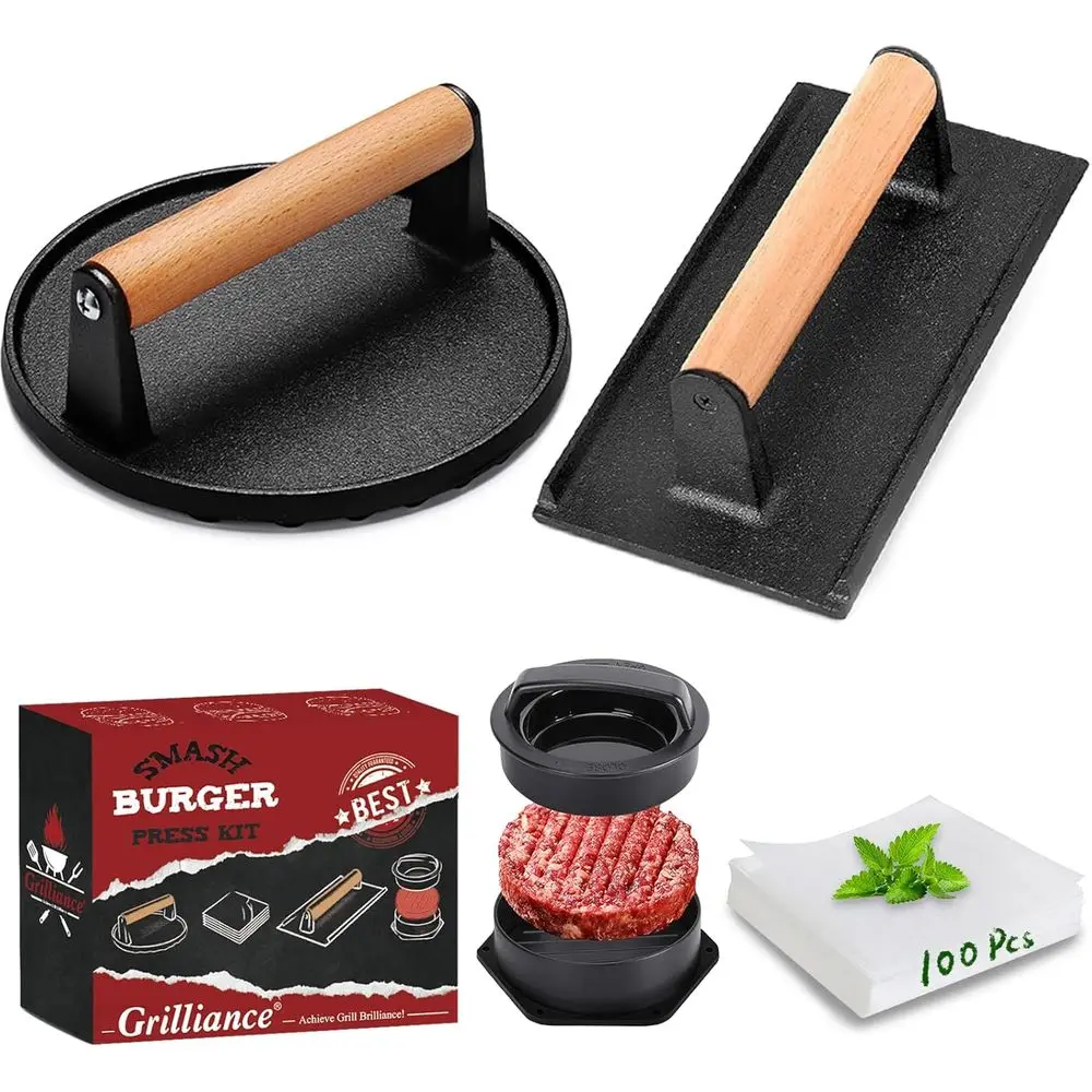 

3 in 1 Hamburger Patty Maker, Cast Iron Burger Press, 100pcs Wax Paper, Grill, Griddle, Cooking