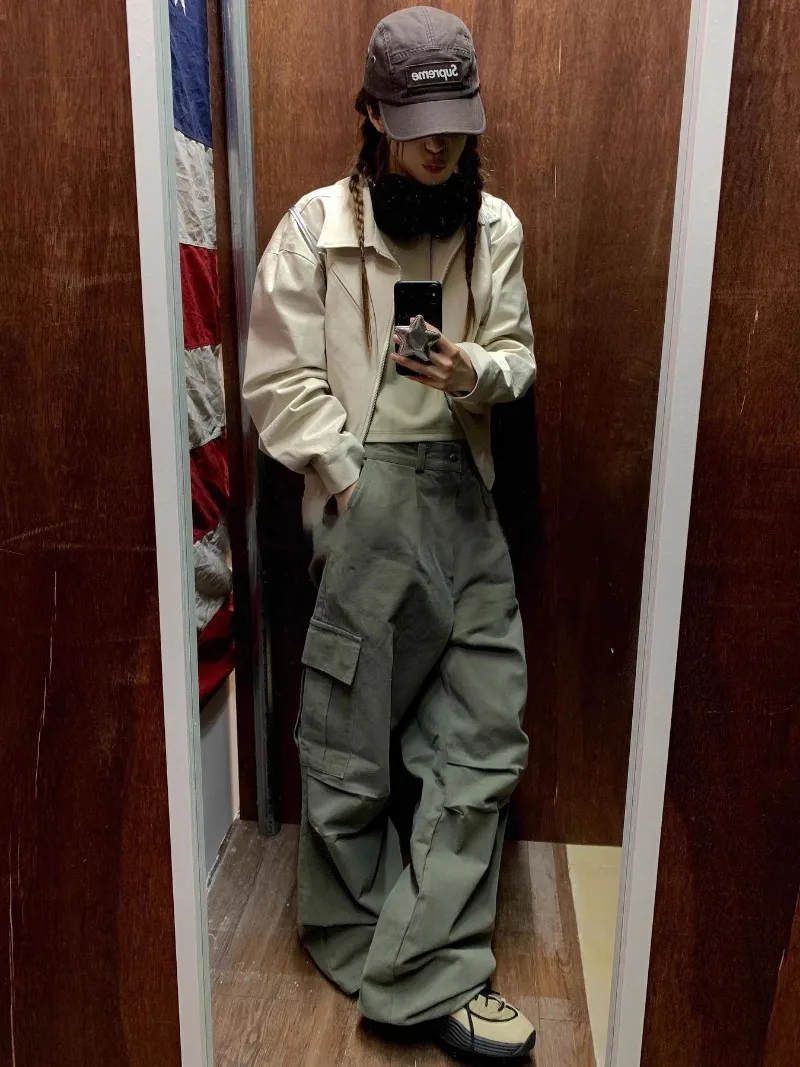 Vintage Street American Style Cargo Pants 2025 New Pocket Straight Trousers Y2k Grunge High Waist Loose Wide Leg 