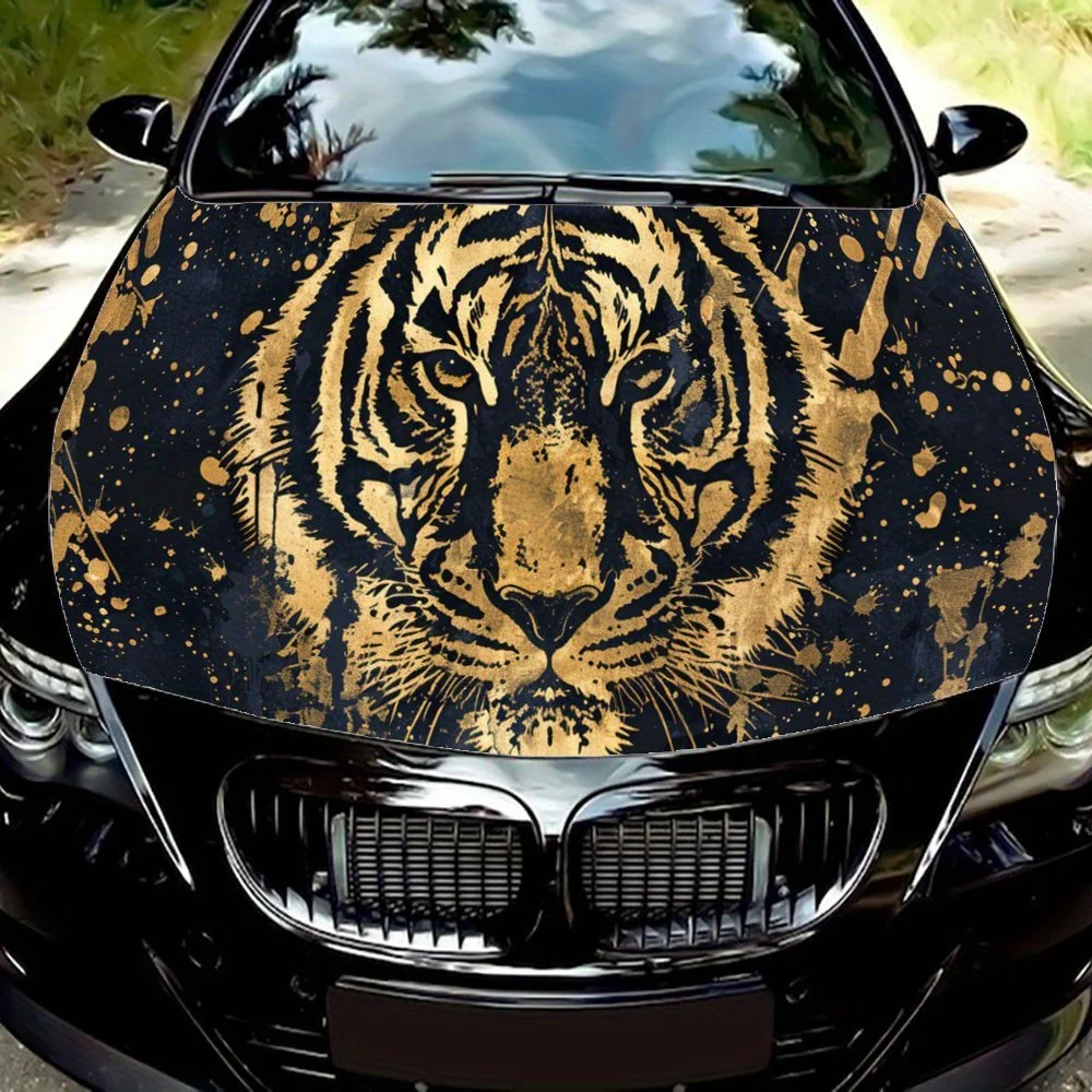 

Gold Patterned Tiger Splattered with Dull Eyes Car Hood Wrap Color Vinyl Sticker Truck Graphic Bonnet Auto Accessories Decoratio