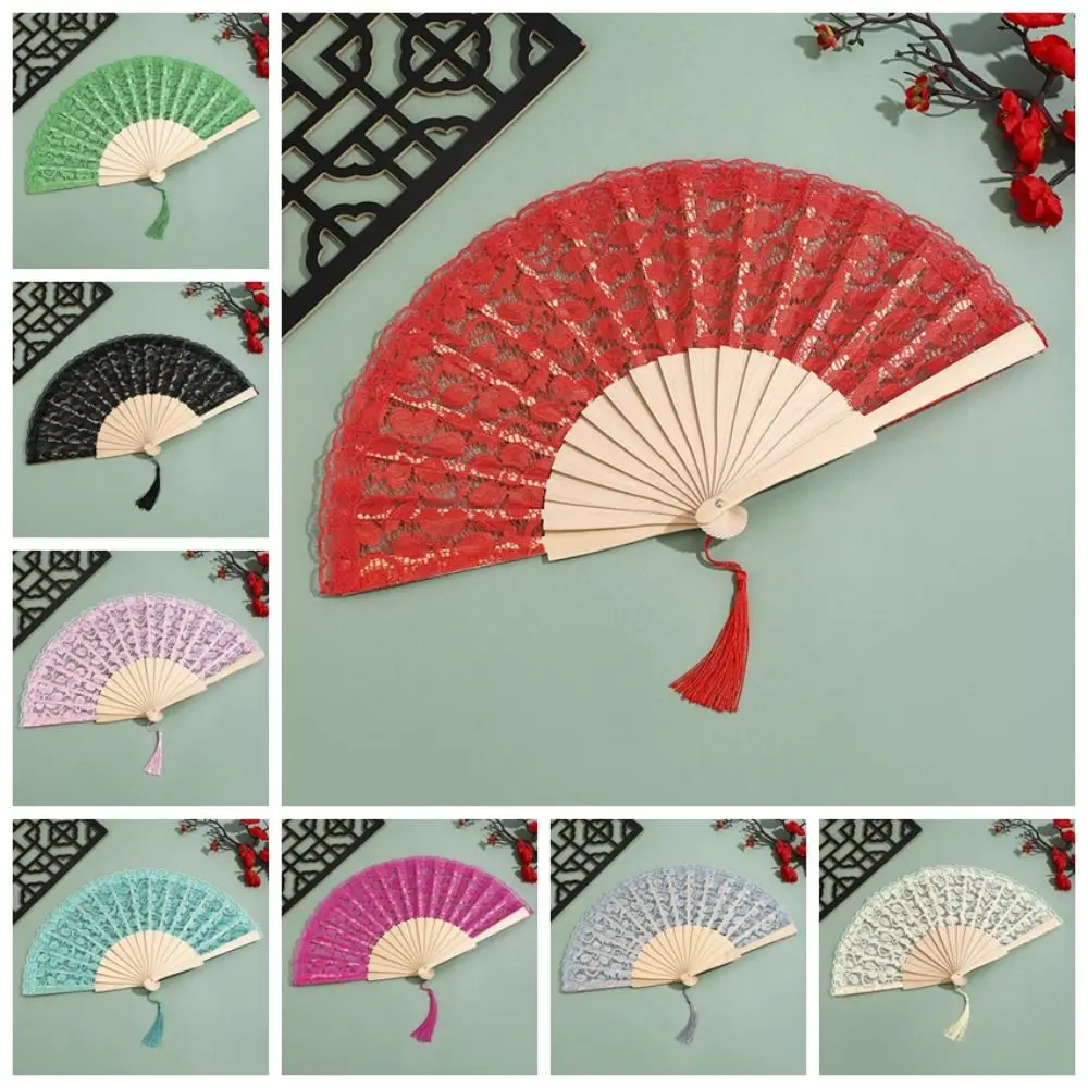 Elegant Lace Pattern Chinese Fan Vintage Style Tassel Pendent Folding Fan Flower Design Hand Fan Wedding