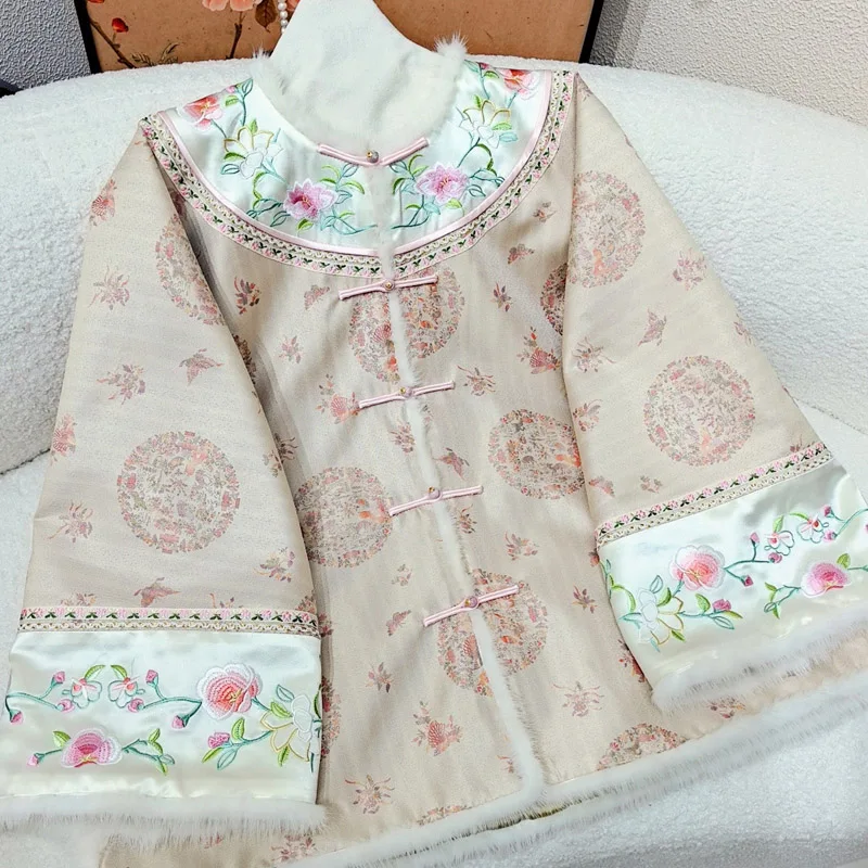 

High-end Winter Warm Coat New Chinese Style Stand Collar Acetate Women Loose Coat Elegant Embroidery Flowers S-XXL