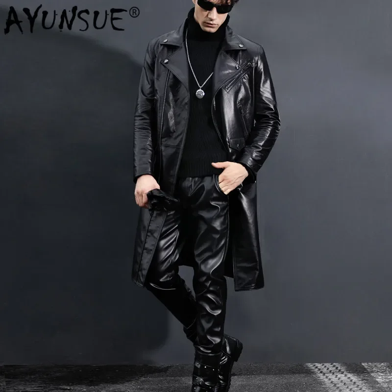 

AYUNSUE Genuine Leather Jacket Men Long Windbreaker Autumn Winter 100% Cow Leather Jackets Men Motorcycle Coat 3386 KJ2728