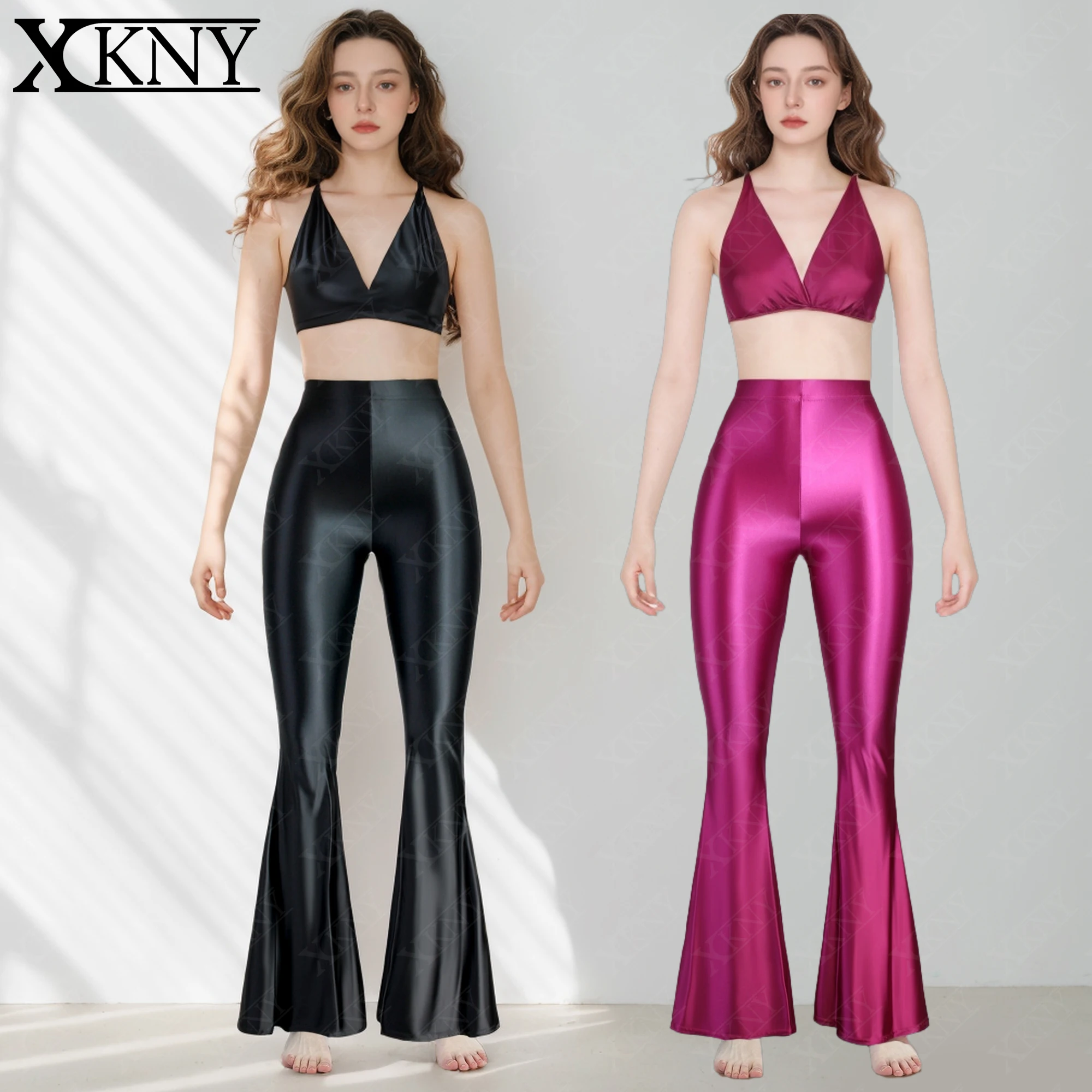 XCKNY Satin glossy pants for wearing dance beach pants silky high waisted tight flared pants