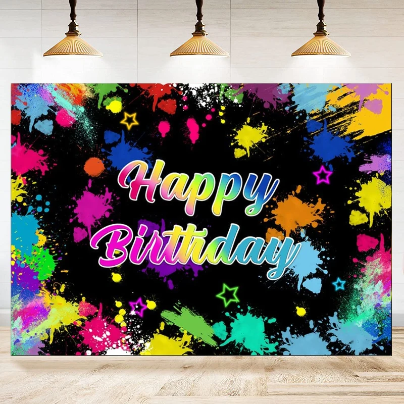 

Photography Backdrop Neon Glow Colorful Painting Graffiti in The Dark Splatter 80s 90s Retro Happy Birthday Background Decor