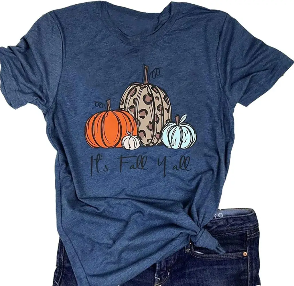 Pumpkin Fall Shirts Womens Cute Autumn Halloween Hayrides  Cider Falling Leaves High Quality 100%Cotton Short Sleeve