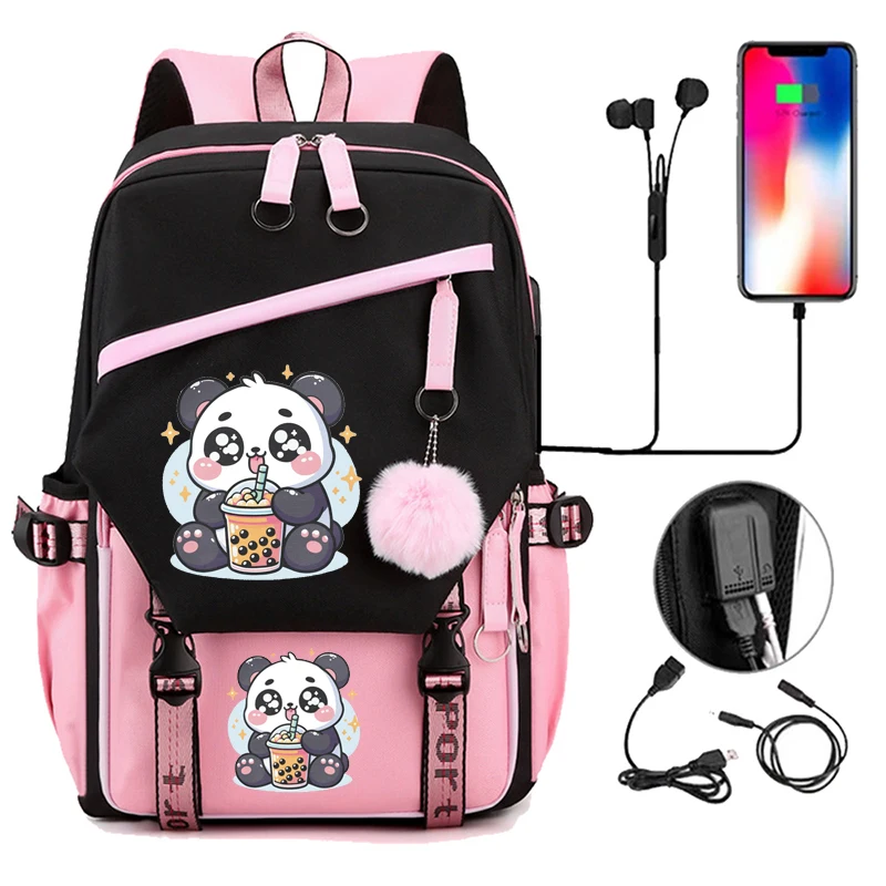 Mochila casual com design panda para estudantes, bolsa de nylon, chá boba, anime, kawaii, moda, viagens, faculdade, laptop, usb