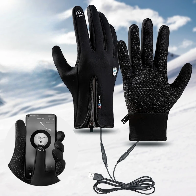 

USB Electric Heated Gloves Winter Outdoor Sports Skiing Warm Gloves Waterproof Anti-Slip Motorcycle Cycling Gloves Touch Screen