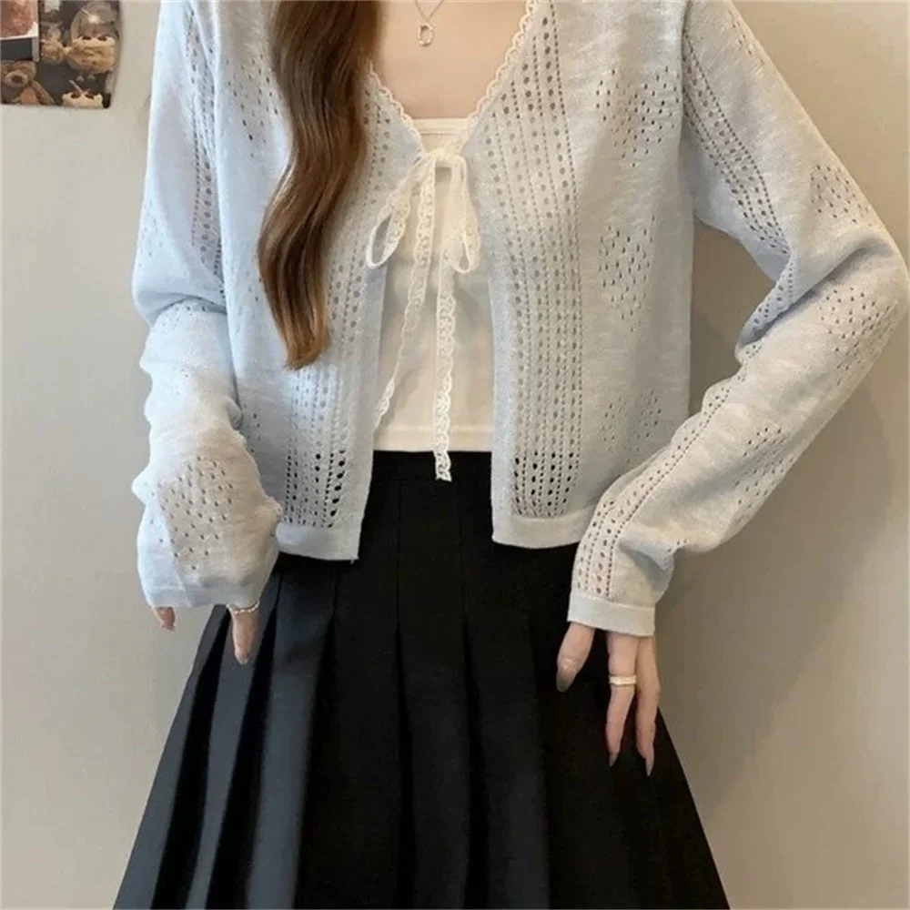 Knitted Sweater Women Cardigans Lace-up V-Neck White Knit Sweater Cardigan Women Tops New Long Sleeve Cropped Cardigan Clothes