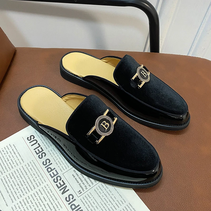 Summer New Men Slippers Black Suede One Step Outdoor Casual Comfortable Business Half Slippers Size 38-47 Men Slippers