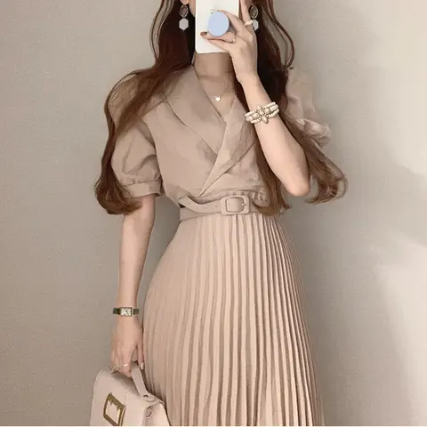 슬림핏 원피스 A라인 슬림핏 허리 조임 백합 소매 정장 칼라 벨트 원피스 드레스 원피스 드레스 원피스 드레스