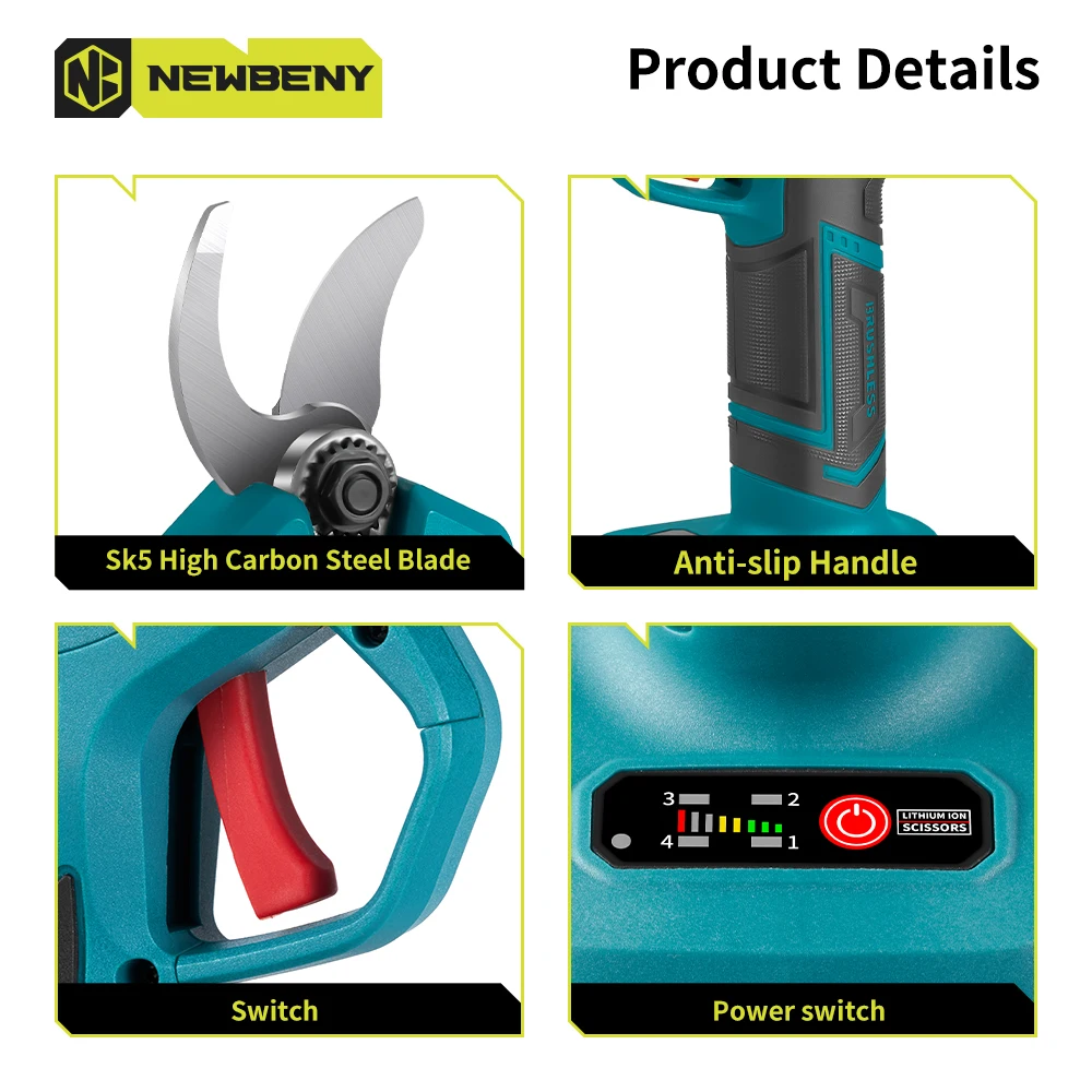 NEWBENY 1800W Brushless Electric Pruner 4 Gears Cordless Handheld Shrub Tree Scissors Garden Cutting Tool For Makita Battery Pin