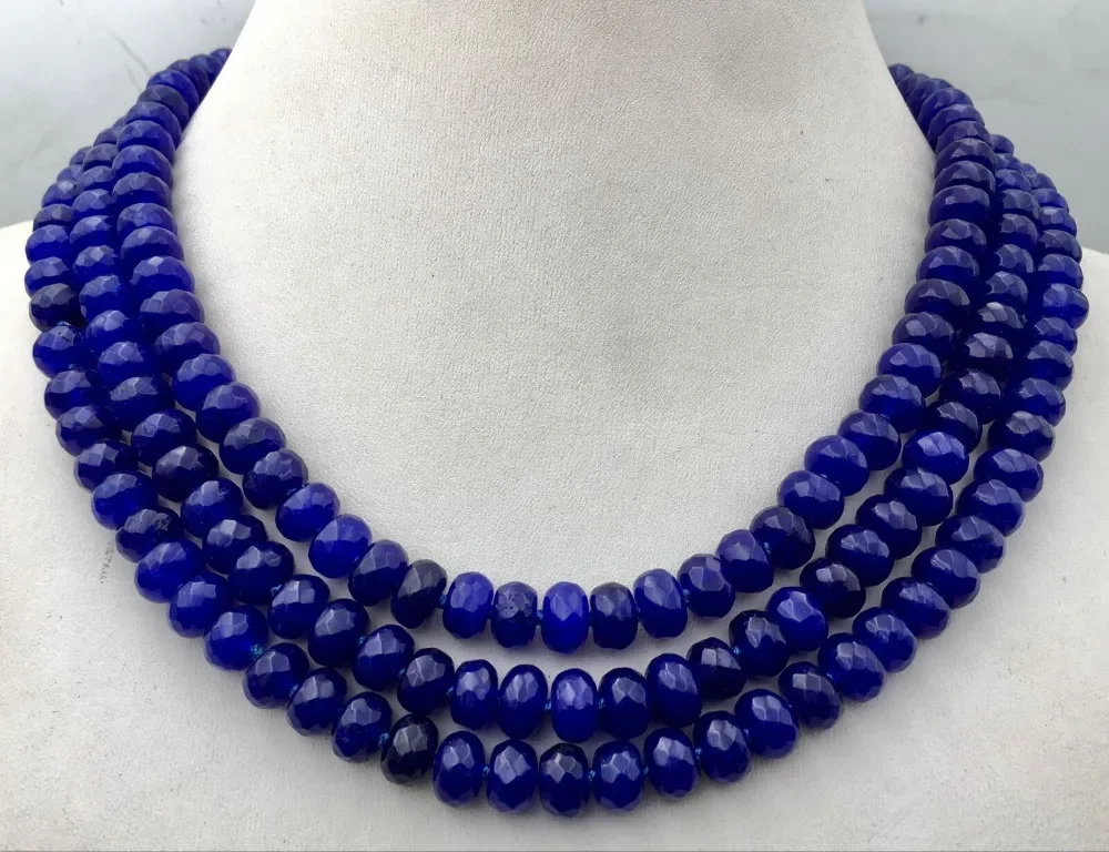 

Hand strands knotted necklace 5x8mm blue sapphire faceted beads jade 3rows 17-19inch fashion jewelry