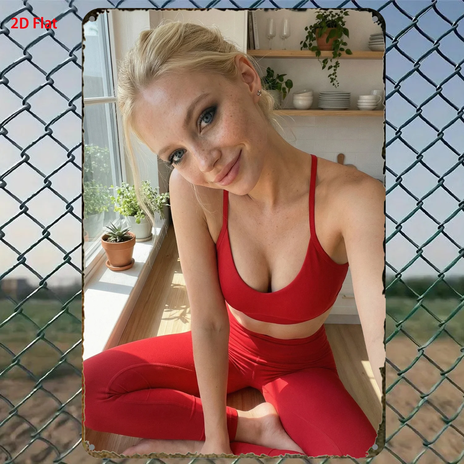 Metal Tin Sign, Blonde Freckled Girl Red Yoga Workout Outfit Window Plant Indoor Rust Tin Sign