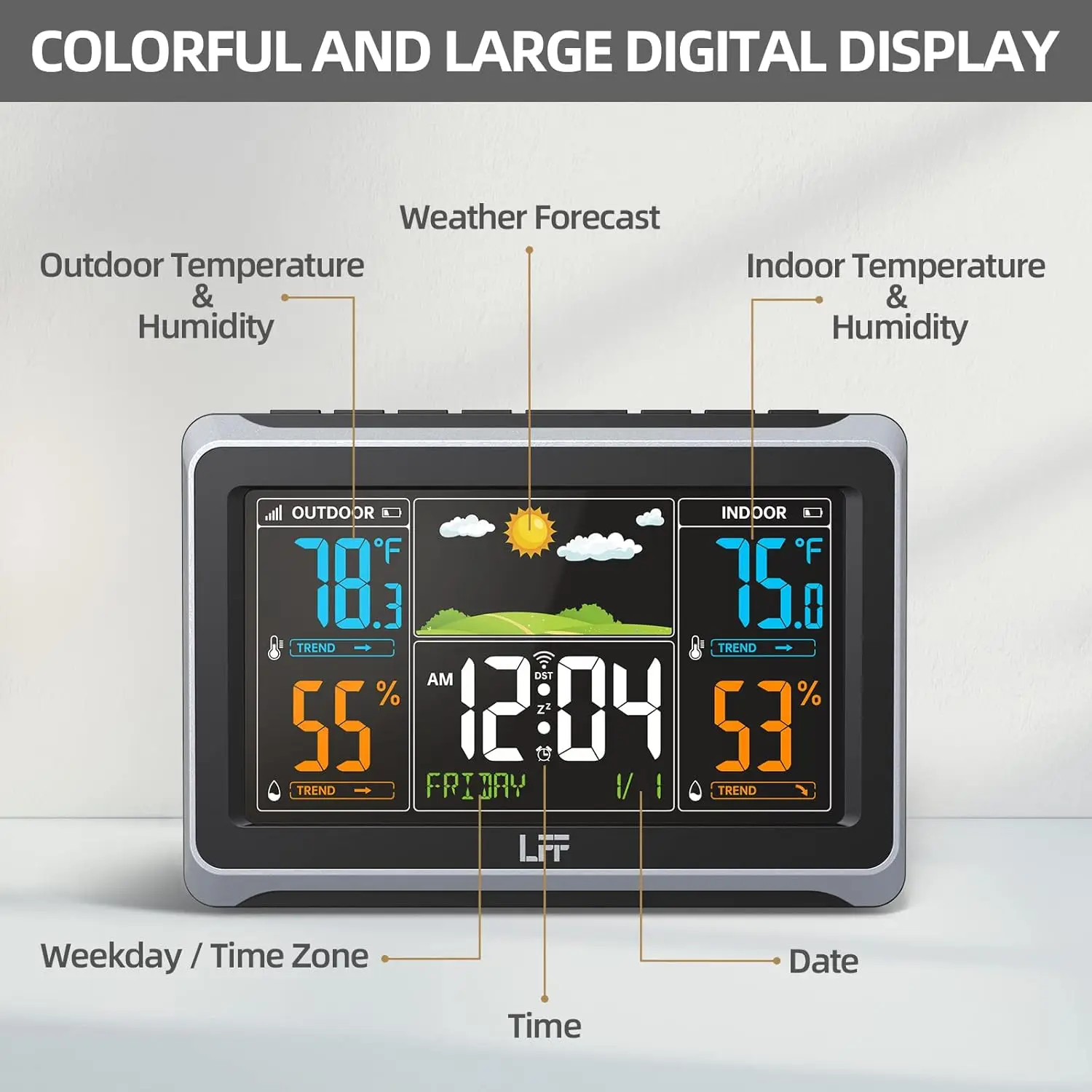 Wireless Weather Station Indoor Outdoor with Digital Thermometer, Color Display, Atomic Clock & Backlight