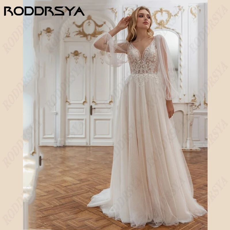 

RODDRSYA Beach Wedding Dresses for Woman Elegant V-Neck Puff Long Sleeves Bridal Gowns Sexy Backless A-Line Robe Mariage Femme