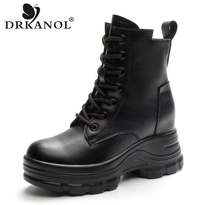 DRKANOL Fashion Women Boots Autumn Winter Warm Plush Platform Ankle Boots For Women Real Cowhide Wedges Height Increasing Shoes