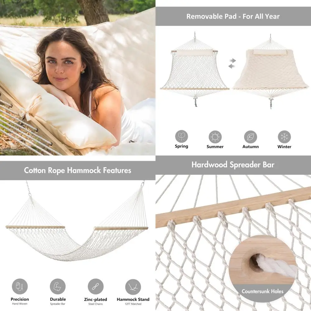 

Heavy-Duty Outdoor Rope Hammock with Spreader Bars and Cream Pad, 450lbs Capacity