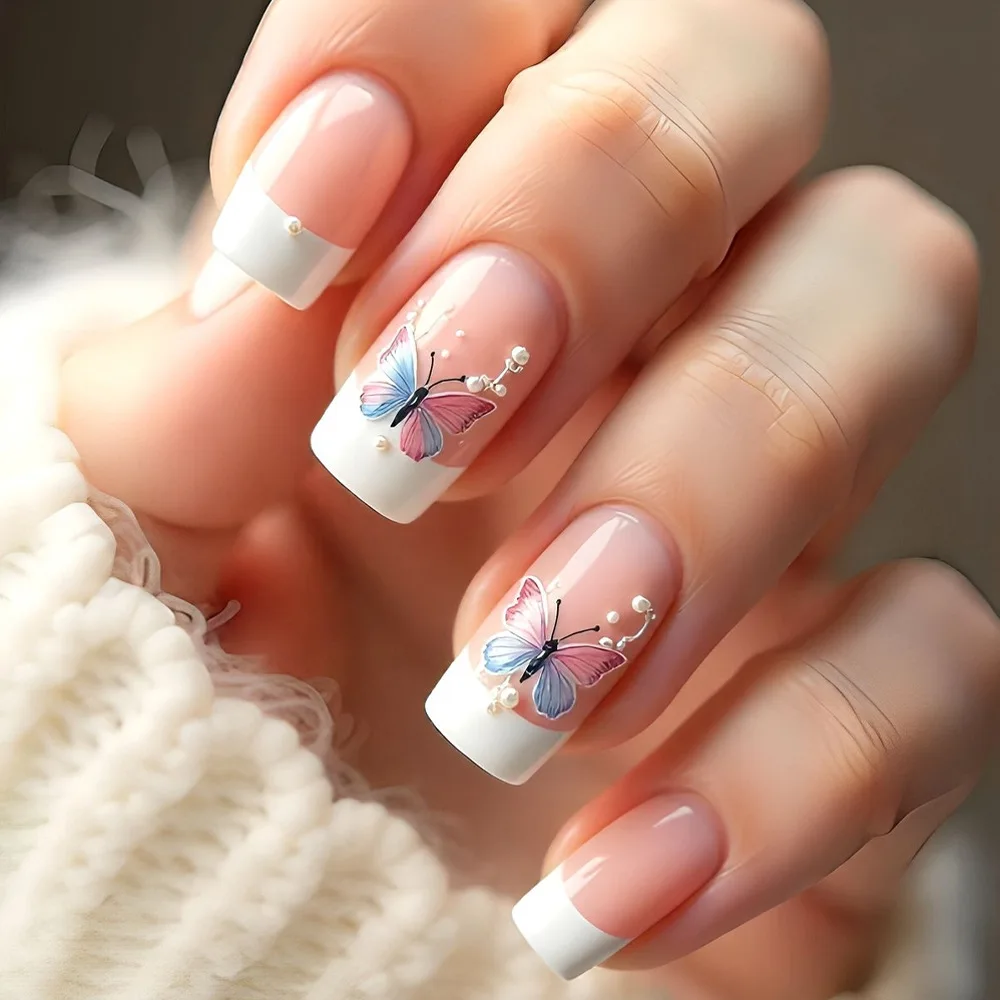 24枚入りミドルレングススクエアヘッドプレスオンネイル、ゴールデンシャイニーパウダーグラデーションフェイクネイル、取り外し可能なフルカバーネイルチップ