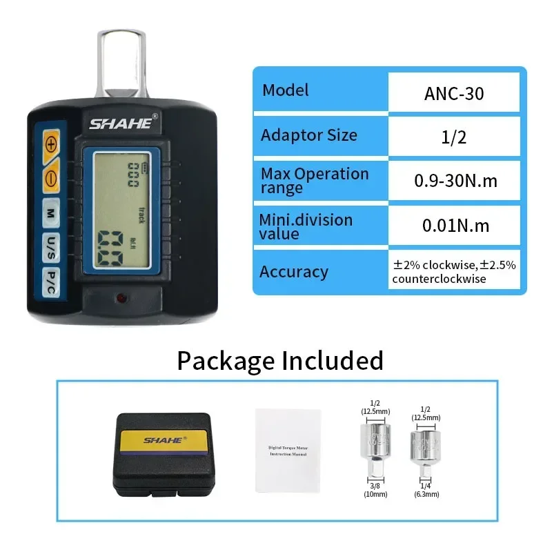 SHAHE Hochpräziser Mini-Drehmomentadapter Vierkantantrieb 1/2'' 1/4'' 3/8'' Digitaler Drehmomentschlüssel Elektronisches Digitales Drehmomentmessgerät