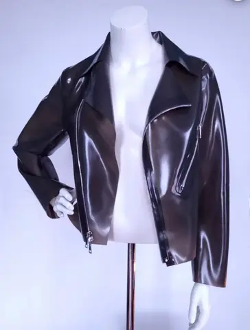 Handmade Woman Latex Biker Jacket Front Zipper Gummi Rubber Casual Top