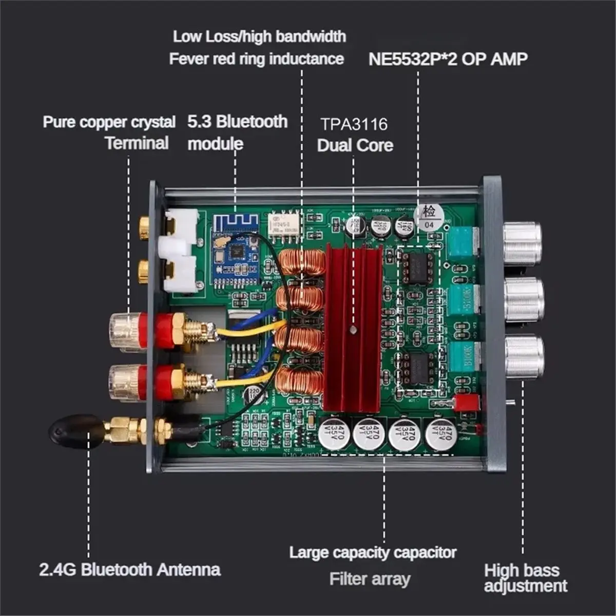 HIFI Bluetooth 5.3 Digital Power Amplifier Home Car DIY Stereo HiFi Amp, 100W X 2 Version (Power Supply Not Included)