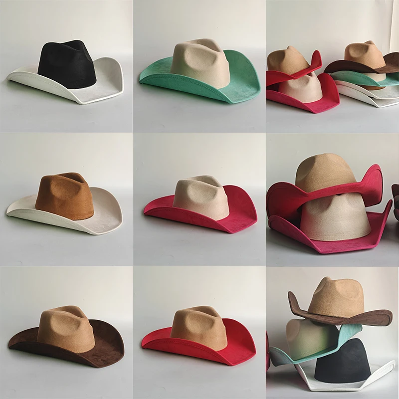 

Оптовая продажа, двухцветная замшевая фетровая шляпа с широкими полями, женская шляпа, мужская церковная джазовая шляпа, джинсовая шляпа, панама, chapeau femme