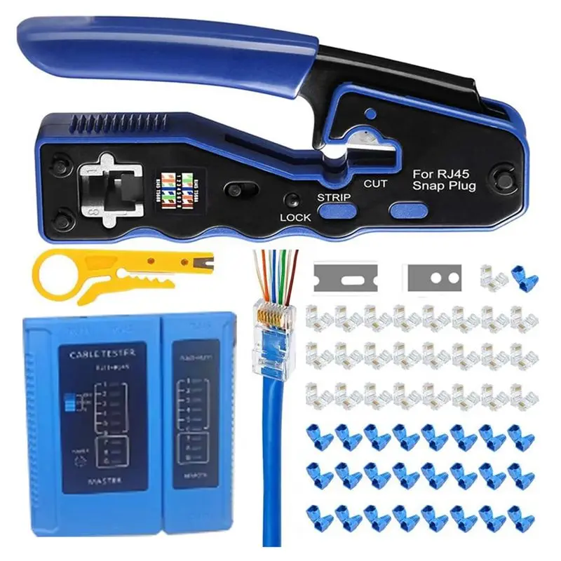 ABJJ RJ45 Crimping Tool Kit Pass Through Crimper Stripper Cutter Fit For Cat5 Cat6 Pass Through Connector With Cable Tester