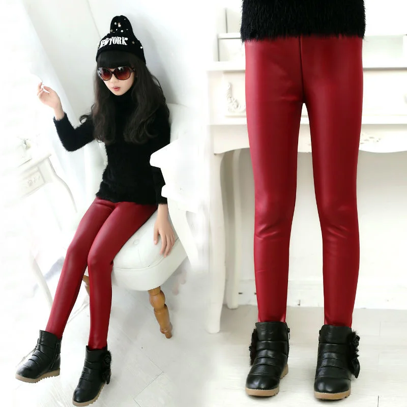 2025 New Autumn Plush Long Pants Kids for Girls Leather Pants 2-10y Winter Leggings for Baby Girl Children Skinny Trousers Slim