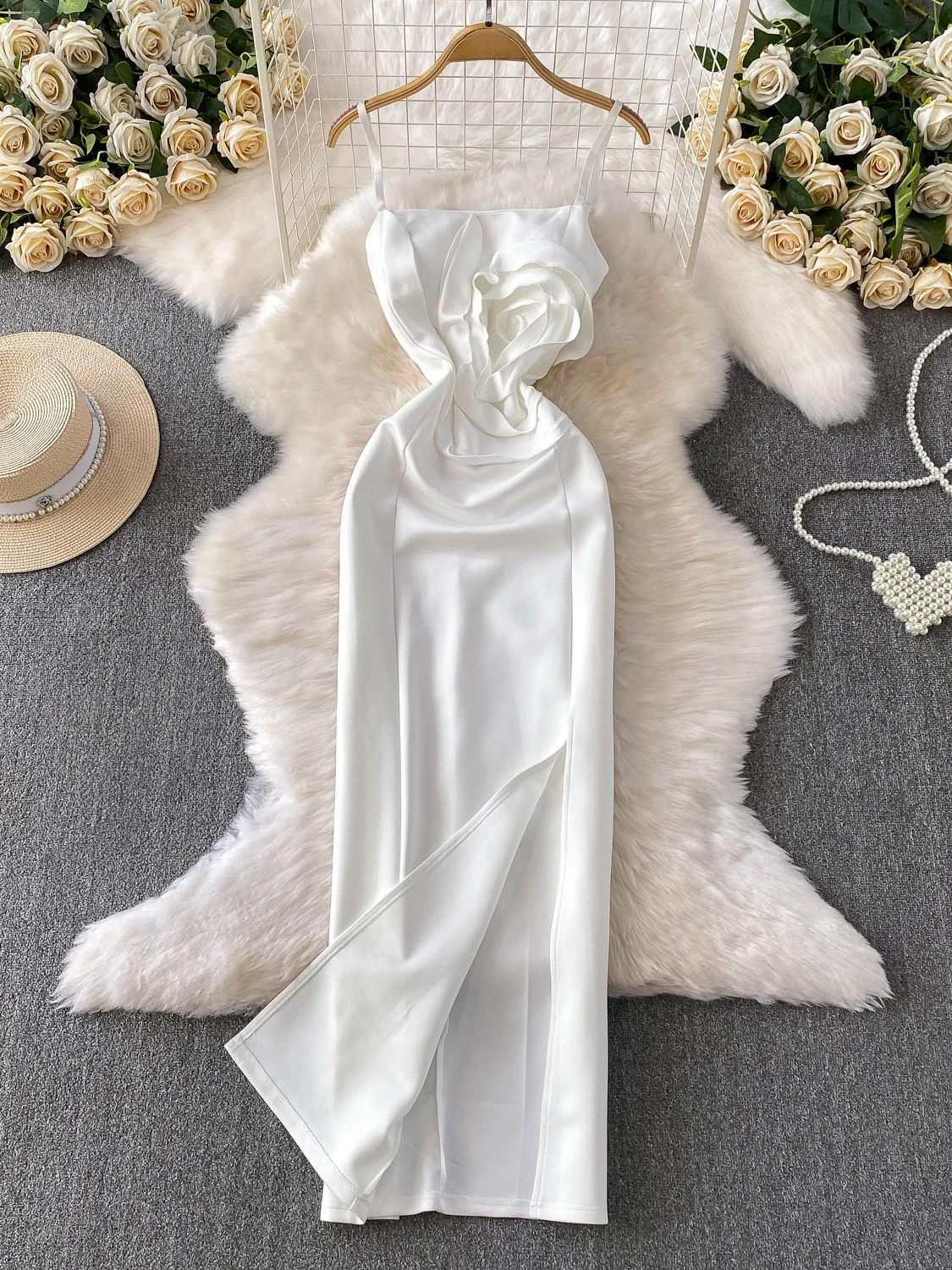 Ele Satén Split Dr Verano Par Vestido Mujer Cintura Alta Una Línea Midi Dr Floral Embelezado Vestido de Noche con Tirantes