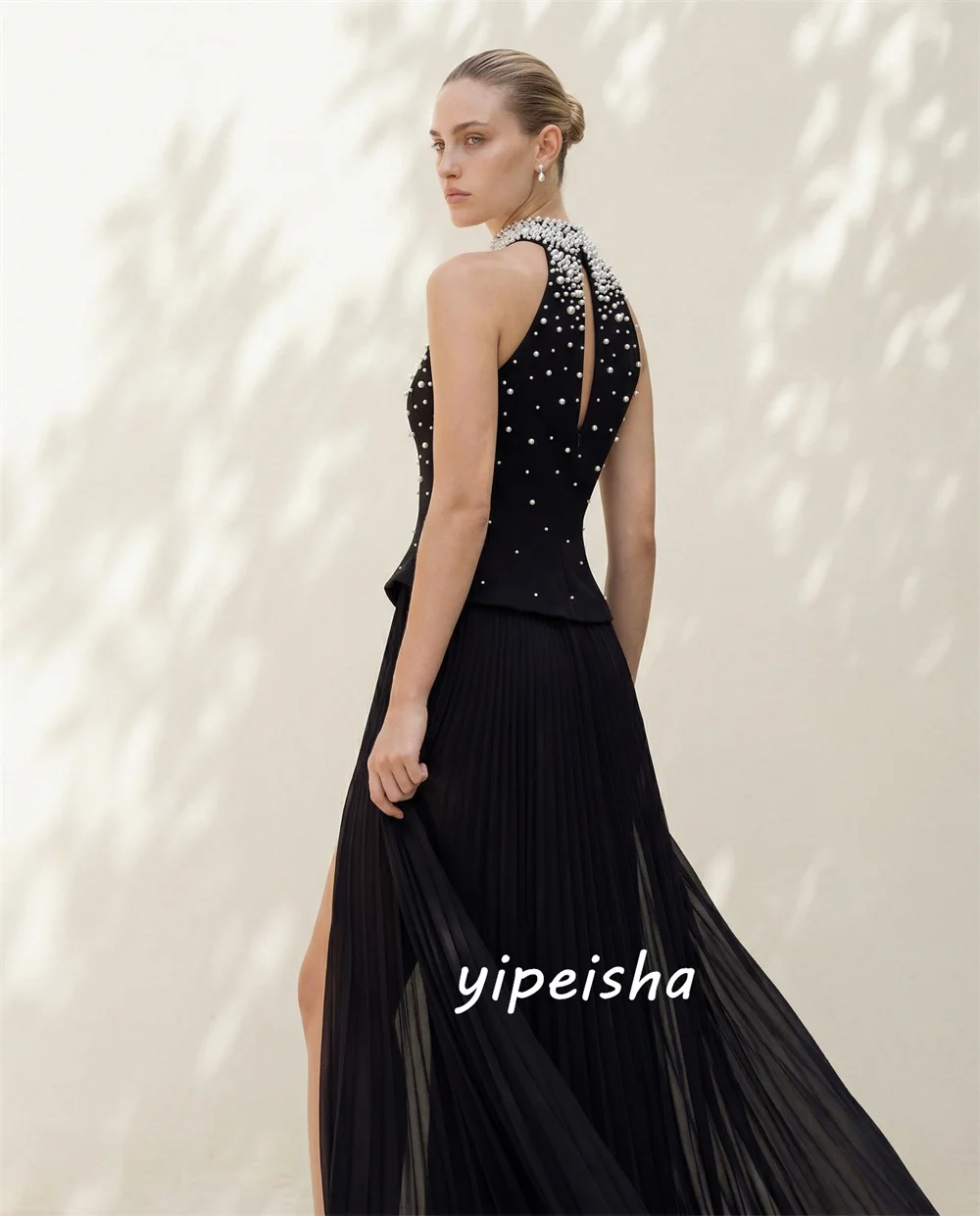 

Customized Luxury Classic Jersey Pearl Rhinestone Mermaid High Collar Floor-Length Evening Dresses For Wedding Party Retro