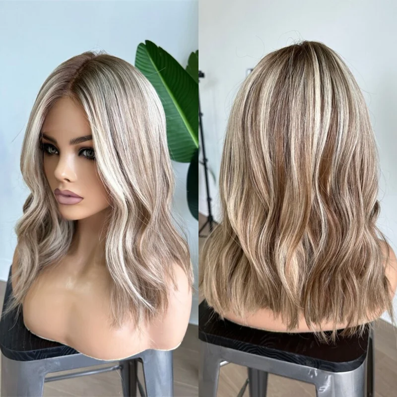 

Women's Wig Ombre Ash Blonde Brown Synthetic HD Lace Front Wig Human Hair Blend Wig Preplucked Hairline 14 Inch Short Wave Bob
