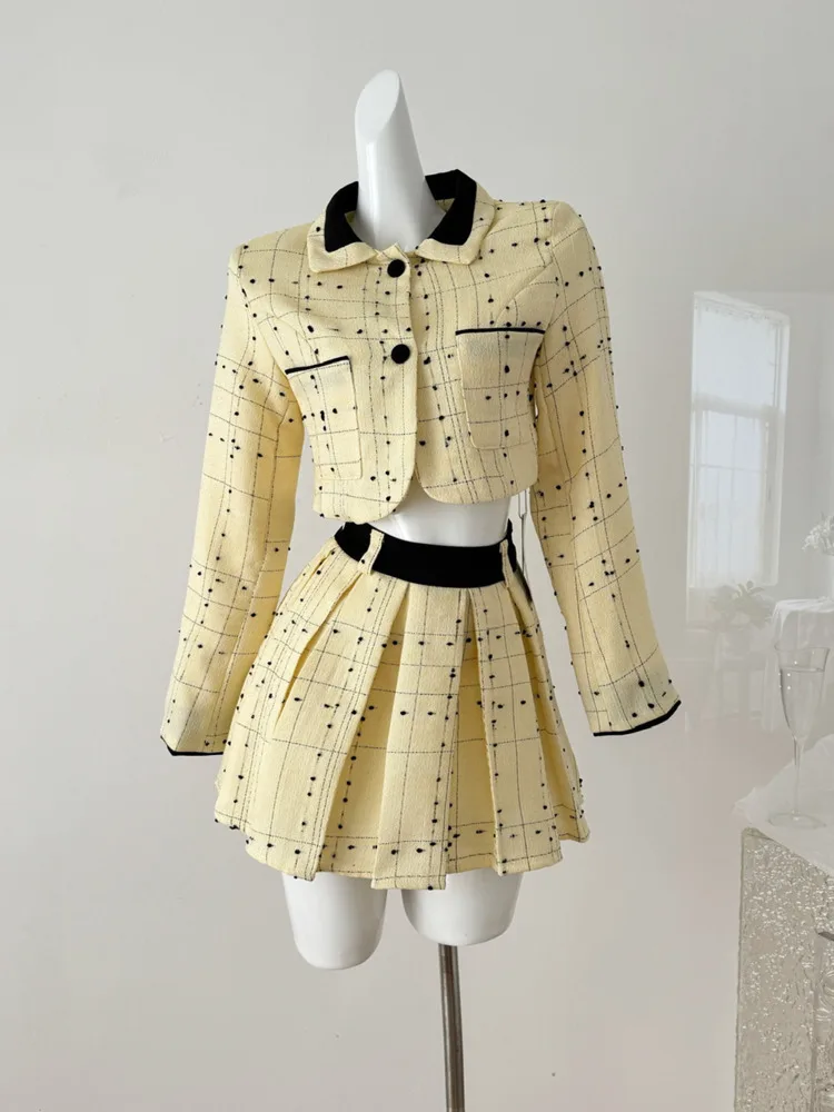 High Quality Fall Winter Tweed Two Piece Set Women Sweet Plaid Crop Top Jacket Coat + Mini Pleated Skirt Suits Ensemble Femme