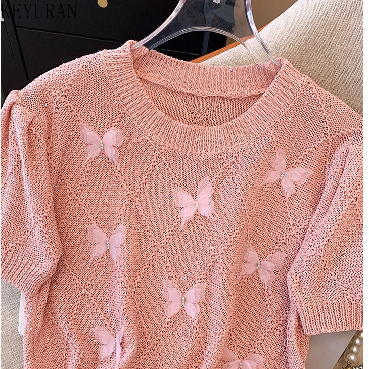 2024 Summer Short Sleeve 3D Butterfly Sweater Women\'s Knitted T-Shirt Vintage Casual Loose O-Neck Versatile Pullover Tops Jumper