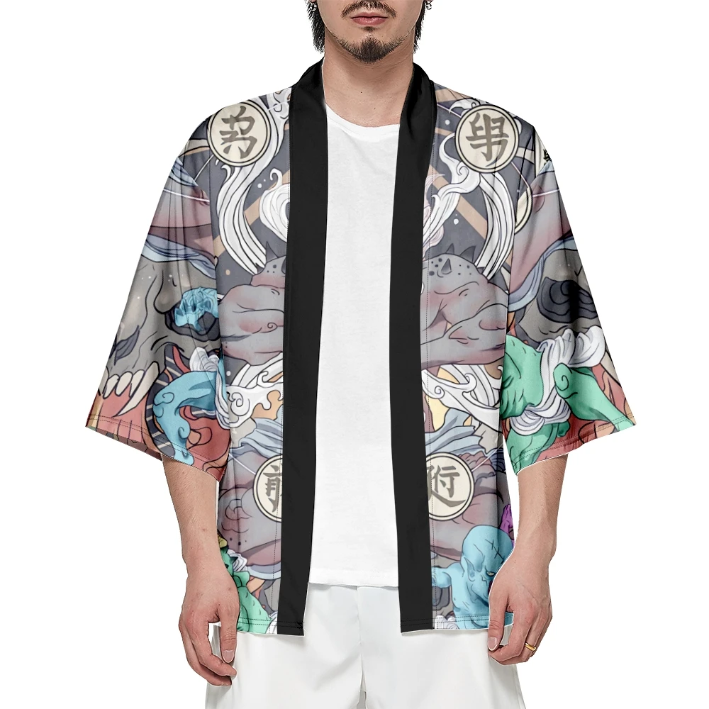 Japanese Style Anime Demon Print Traditional Kimono Men Yukata Cardigan Shirts Cosplay Haori Oversized Streetwear Tops