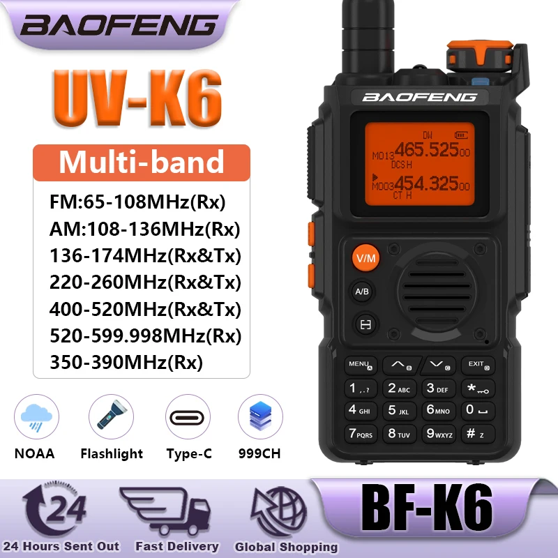 Baofeng Walkie Talkie UV-K6 Wireless Copy Frequency VHF UHF Multi-Band Type-C Charge Air Band 999CH NOAA Flashlight Two WayRadio