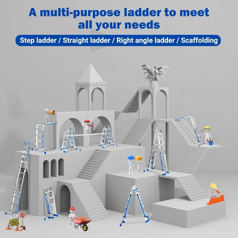 Ladder 17FT, A-frame 5-staps telescopische ladder met stabilisatorstang en wielen, robuust 330 lbs maximale capaciteit, opvouwbare multipo