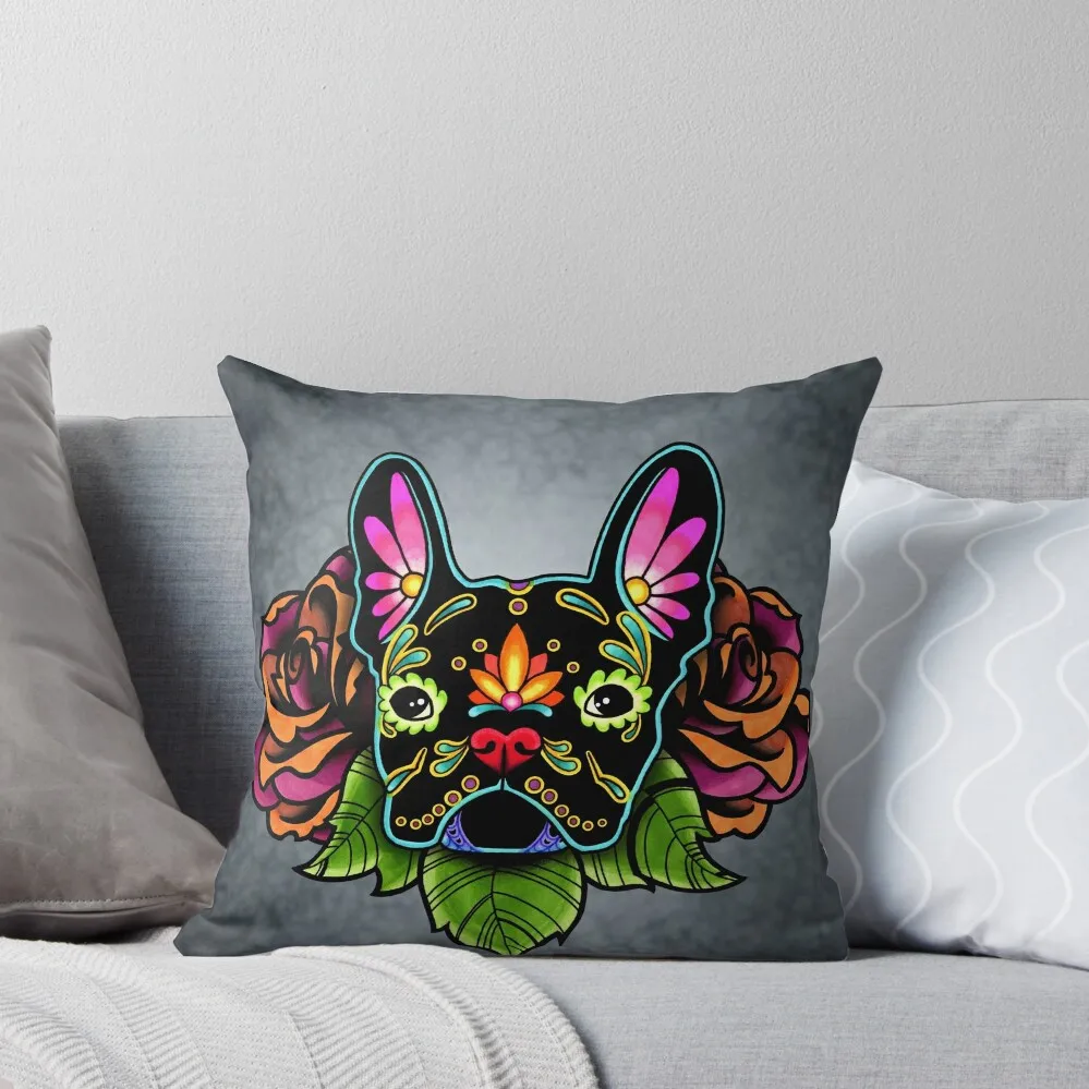 

Day of the Dead French Bulldog in Black Sugar Skull Dog Throw Pillow luxury sofa pillows Custom Cushion pillow