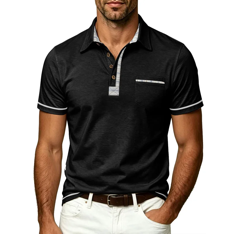 Summer Men's Striped Color-Block Collar Pocket Business Casual Short-Sleeve Polo Shirt